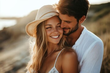 Romantic couple hugging at sunset on beach with warm smile