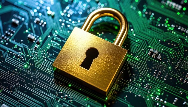 A golden padlock on a computer circuit board represents cybersecurity, protection, data privacy, and secure digital infrastructure