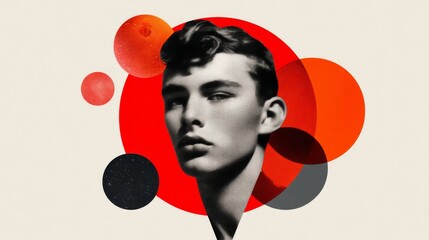 A stylized black and white portrait of a young man overlaid with overlapping red, orange, and dark circular shapes on a beige background.