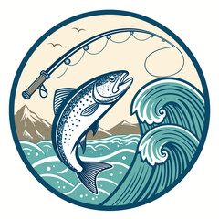 A circular embroidered patch depicting a trout being caught on a fishing rod beside a lake.