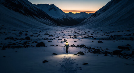 Lone Hiker Navigating a Snowy Valley at Sunset with Headlamp