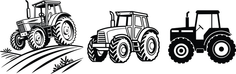 Set of Stylized Tractor Vector Illustrations in Black. Tractor Silhouette Vector Set for Farming and Agriculture. 