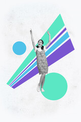 Vertical pop art photo collage of happy businesswoman businessman stand geometric figure...