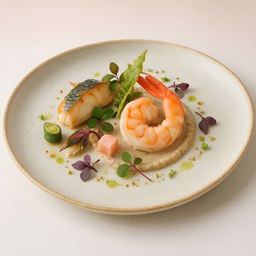 salmon and shrimp with lemon herbs and vegetables on a plate