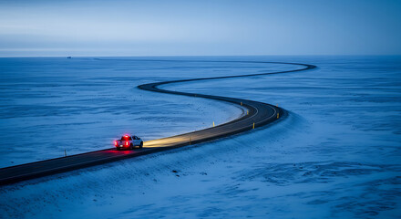 White Truck on Endless Winding Road in Winter
