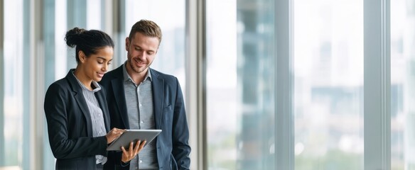 The professionals collaborating while reviewing digital content on a tablet in an office setting.