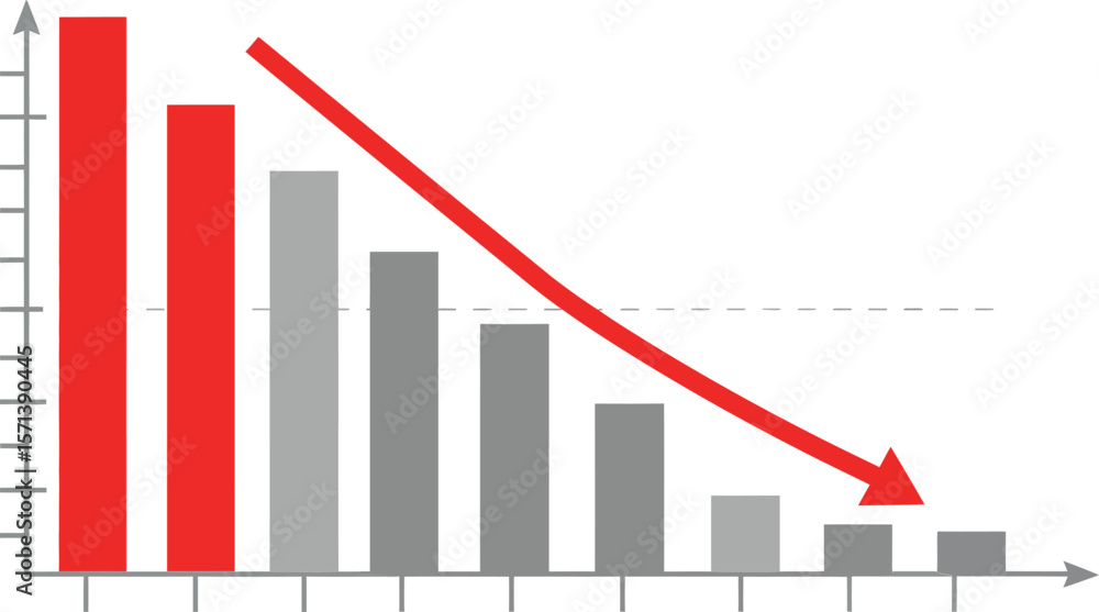 Poster declining bar chart with red bars and descending arrow illustrating decreasing data trend and financ
