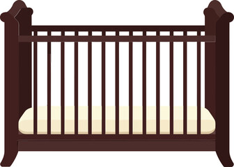 Baby crib with dark wood frame and white mattress in simple modern design for nursery or infant room