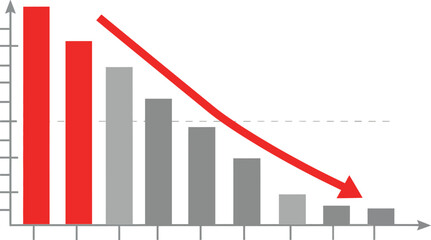 Declining bar chart with red bars and descending arrow illustrating decreasing data trend and financial loss concept