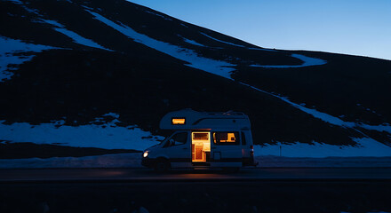 Illuminated Road Trip: RV Camping Under Snowy Peaks at Dusk