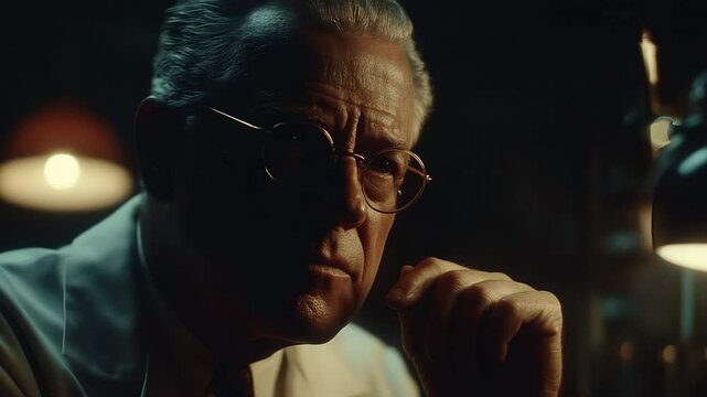 Scientist sits in dark lab thinking about secret experiments. Scientist plans next scientist research for cold war mind control. Scientist works alone with dangerous psychological ideas.