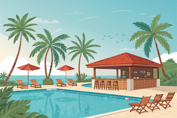 Vector illustration of a luxury swimming pool nestled in a tropical resort.