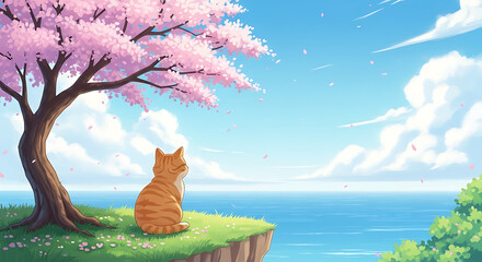 Ginger Cat Contemplating the Sea Under Cherry Blossoms