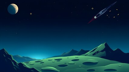 Space background with place for text. Surface of the planet with craters. Space decoration for your design. Stars and comets on dark background.