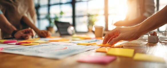 Obraz premium The collaborative workspace with colorful sticky notes and brainstorming activity.