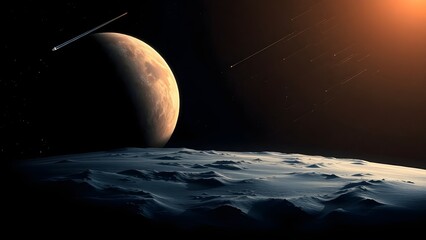 Space background with place for text. Surface of the planet with craters. Space decoration for your design. Stars and comets on dark background.