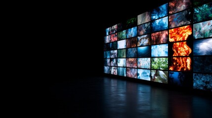 A dark room illuminated by a large, curved video wall displaying diverse vivid images in multiple vibrant colors.