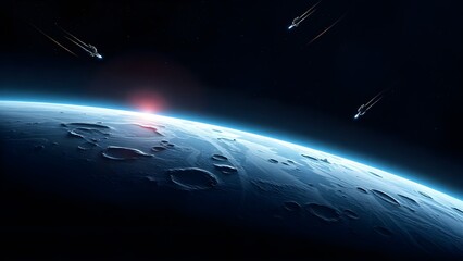 Space background with place for text. Surface of the planet with craters. Space decoration for your design. Stars and comets on dark background.