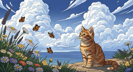 Striped Kitten Gazes at Monarch Butterflies by the Sea