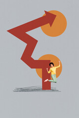Vertical image 3d banner collage of happy businessman businesswoman stand arrow development career...