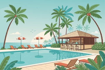 Fototapeta premium Vector illustration of a luxury swimming pool in a tropical resort, featuring palm trees, sun loungers, umbrellas, ocean views, cocktails.