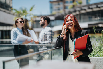 Business professionals engaged in discussions and phone calls, shown in a dynamic outdoor...