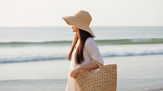 A woman in a straw hat with a bag walks along the seashore. Concept of a relaxing holiday and travel. Scene for resort advertisement, summer sale promotion and travel agency tour