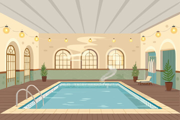 Vector illustration of luxurious indoor swimming pool, spa design, relaxation, wellness, clean, modern.