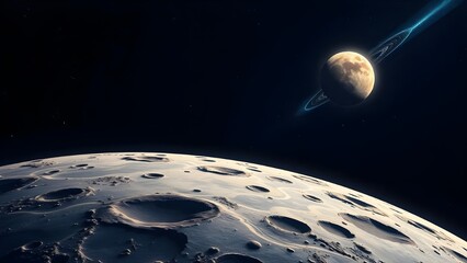 Space background with place for text. Surface of the planet with craters. Space decoration for your design. Stars and comets on dark background.