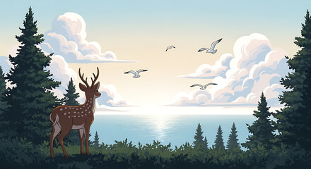 Coastal Wildlife: A Deer Contemplates the Seagulls