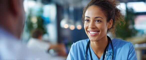 The healthcare professional smiling warmly during a patient consultation session.