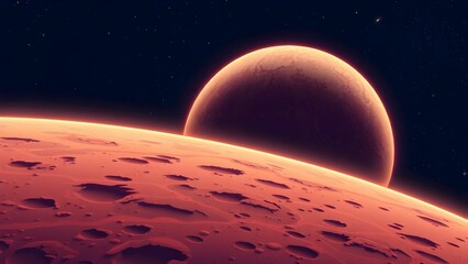 Space background with place for text. Surface of the planet with craters. Space decoration for your design. Stars and comets on dark background.