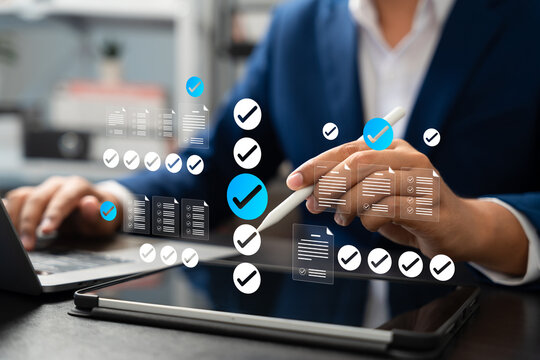 Businessman use digital platforms with virtual checklist tools to manage tasks, track progress, Improve operational quality. Smart workflow management ,Organize, Complete work efficiently. - Powered by Adobe