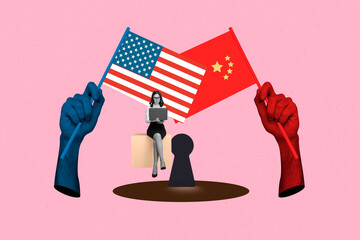 Template collage trend artwork sketch of two hand hold flag america chine young lady sit work...