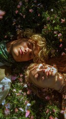 Two Young Women Lying on Field of Flowers in Sunlight with Shadows and Petals