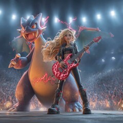 Female rocker with electric guitar and animated dragon in concert arena with lightning and crowd