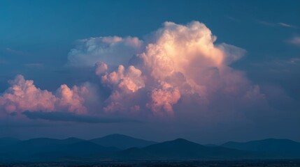Beautiful view of a colorful sunset sky with billowing clouds over silhouette mountain range