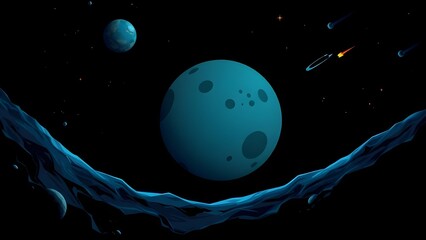 Space background with place for text. Surface of the planet with craters. Space decoration for your design. Stars and comets on dark background.