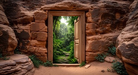 Lone doorway in dry desert opening into a lush green jungle, symbolizing hope and climate rebirth."

