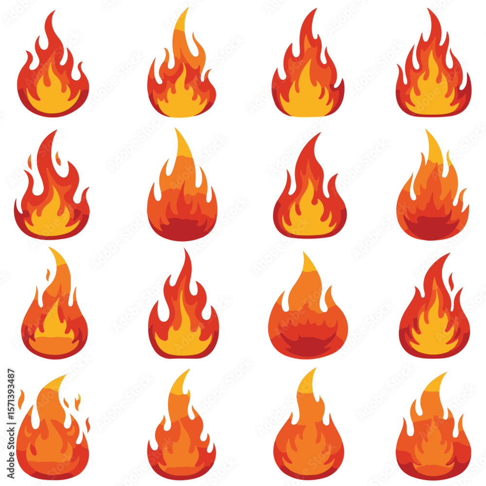Poster a collection of stylized flame icons in vibrant orange and yellow hues, creating a visually dynamic 