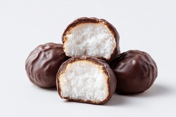 Mochi ice cream bites with a rich chocolate coating, showcasing their soft, chewy texture on a clean white background