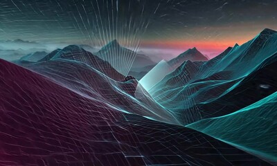 A digital landscape with wireframe mountains under a dark sky at dusk with fog and a colorful horizon - Powered by Adobe