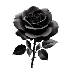 Black rose flower on white background. Isolated 3d render of elegant gothic open rose on stem with leaves.   white background in PNG format.