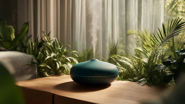 Aroma diffuser emitting mist surrounded by green plants in a serene indoor setting