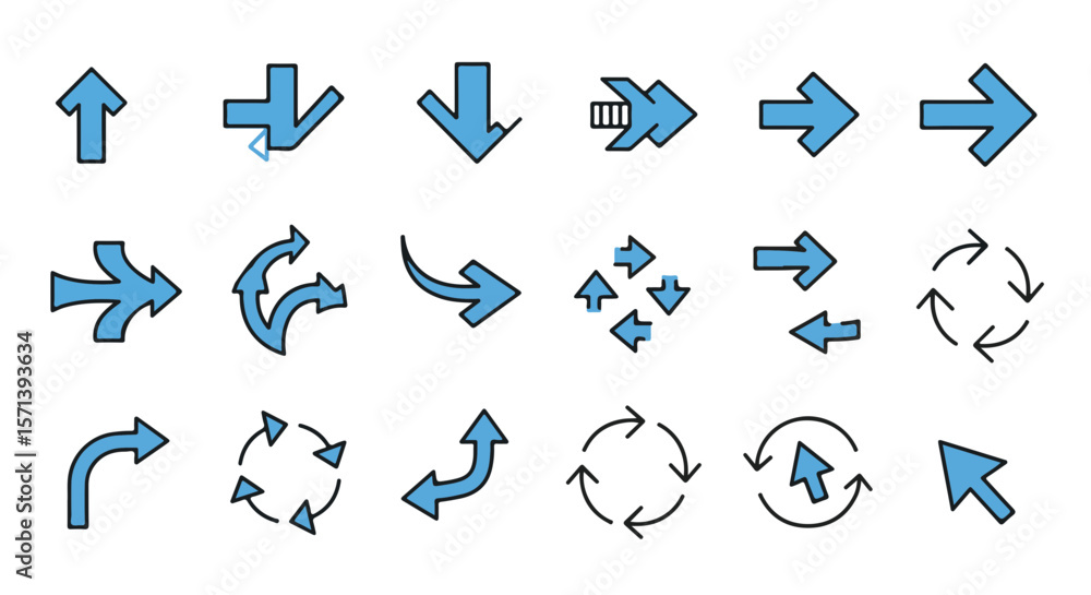 Poster a collection of various arrows in a consistent style, all pointing in different directions.