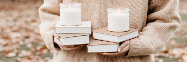 Woman holding books and candles in autumn setting with warm sweater