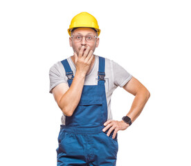 Surprised repairman looks to camera, isolated on white background. Cheerful middle-aged...