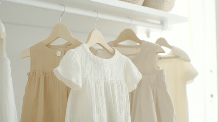 Neutral childrens clothes on hangers in bright closet, suitable for background