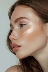 Woman with arrow showing face lifting on cheek. Female profile with highlight makeup. Skincare for rejuvenation concept.