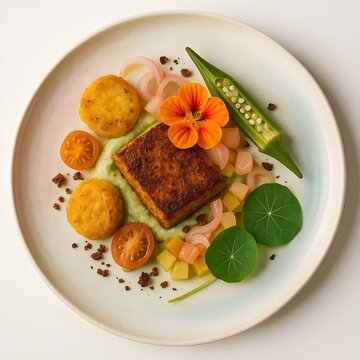 Grilled salmon and vegetables served as a healthy gourmet meal